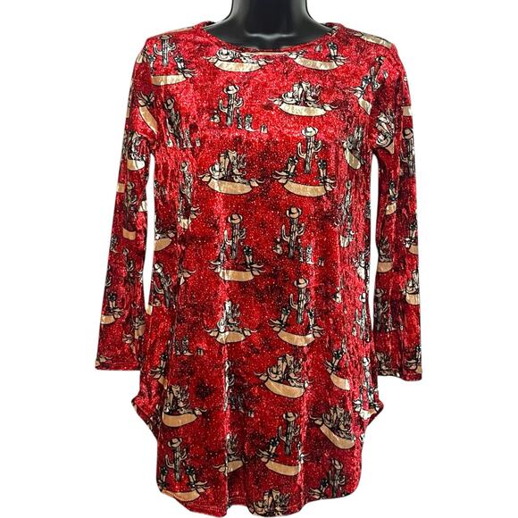 NWT LUCKY & BLESSED STRETCH VELOUR TOP SHIRT KITSCHY WESTERN COWGIRL SIZE XL - Picture 1 of 5